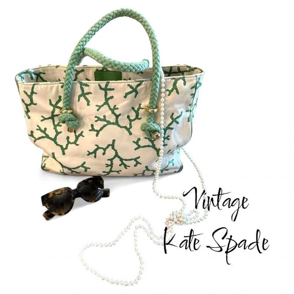 Vintage Kate Spade Cream and Green Patterned Tote|Luxury Vintage Bags| Y2K